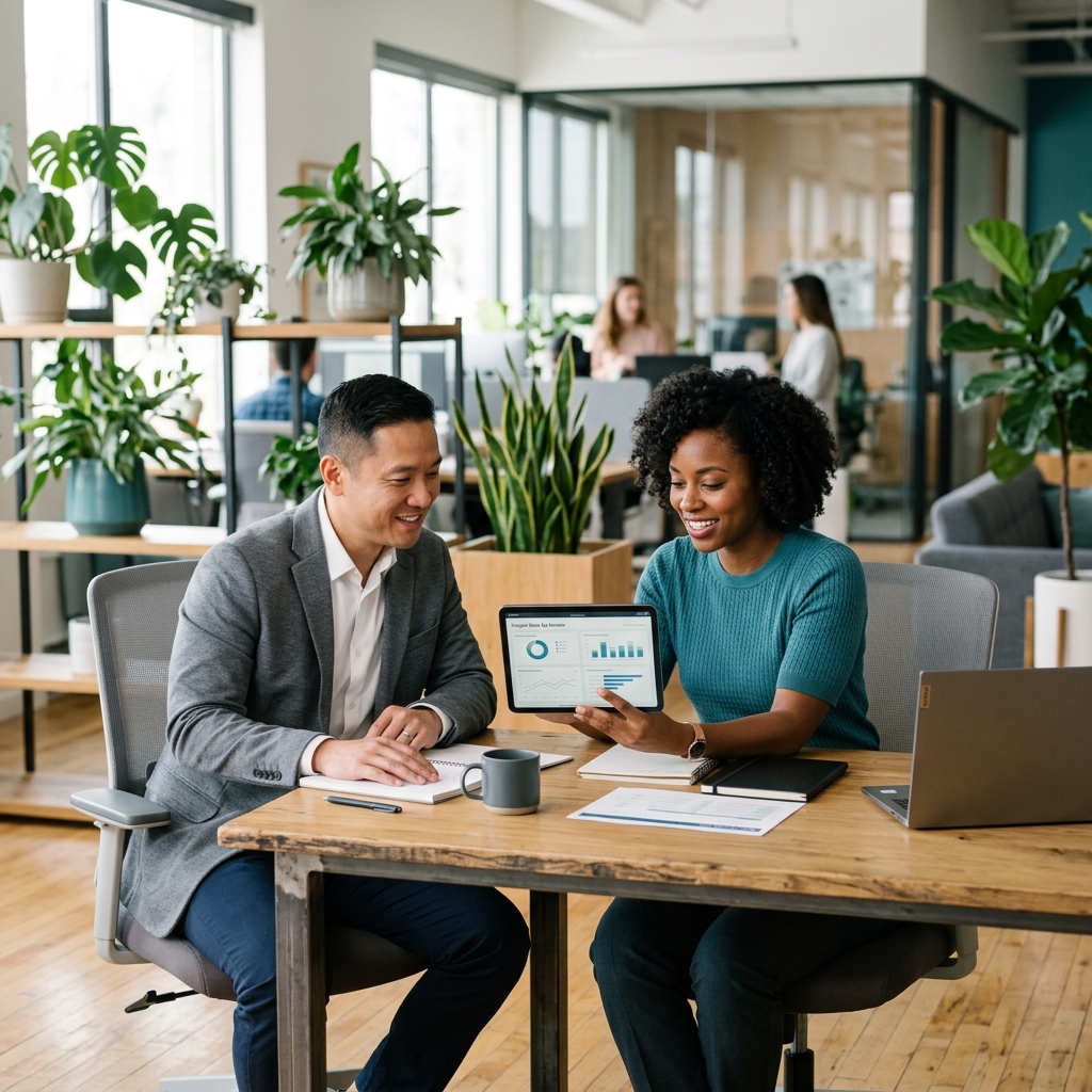Two diverse professionals collaborating with a digital tablet in a bright office environment