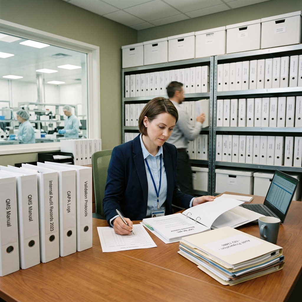 A compliance professional reviewing QMS manuals, SOP binders, and validation checklists in a clean office environment.