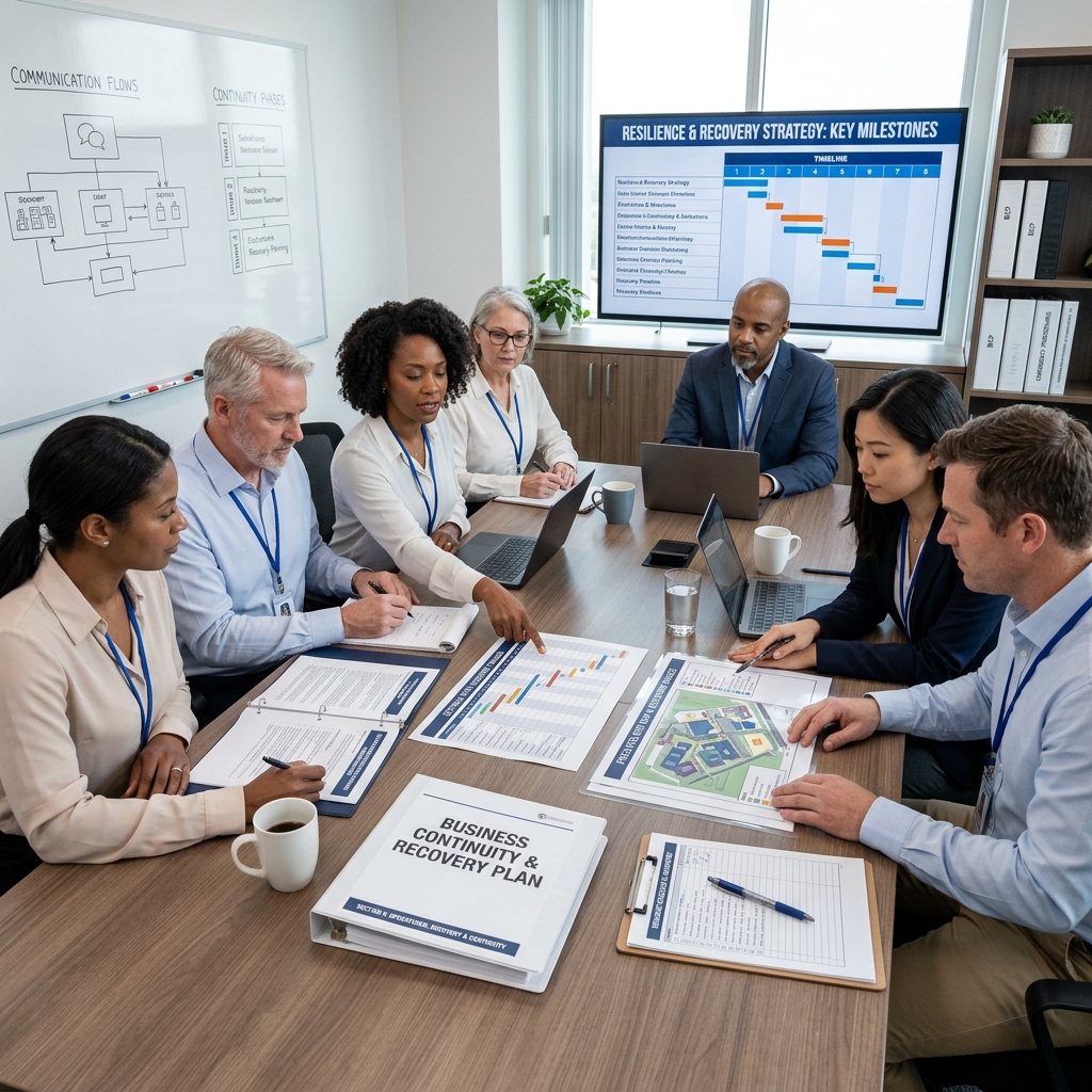 A cross-functional team reviewing a business continuity plan and key recovery milestones at a conference table.