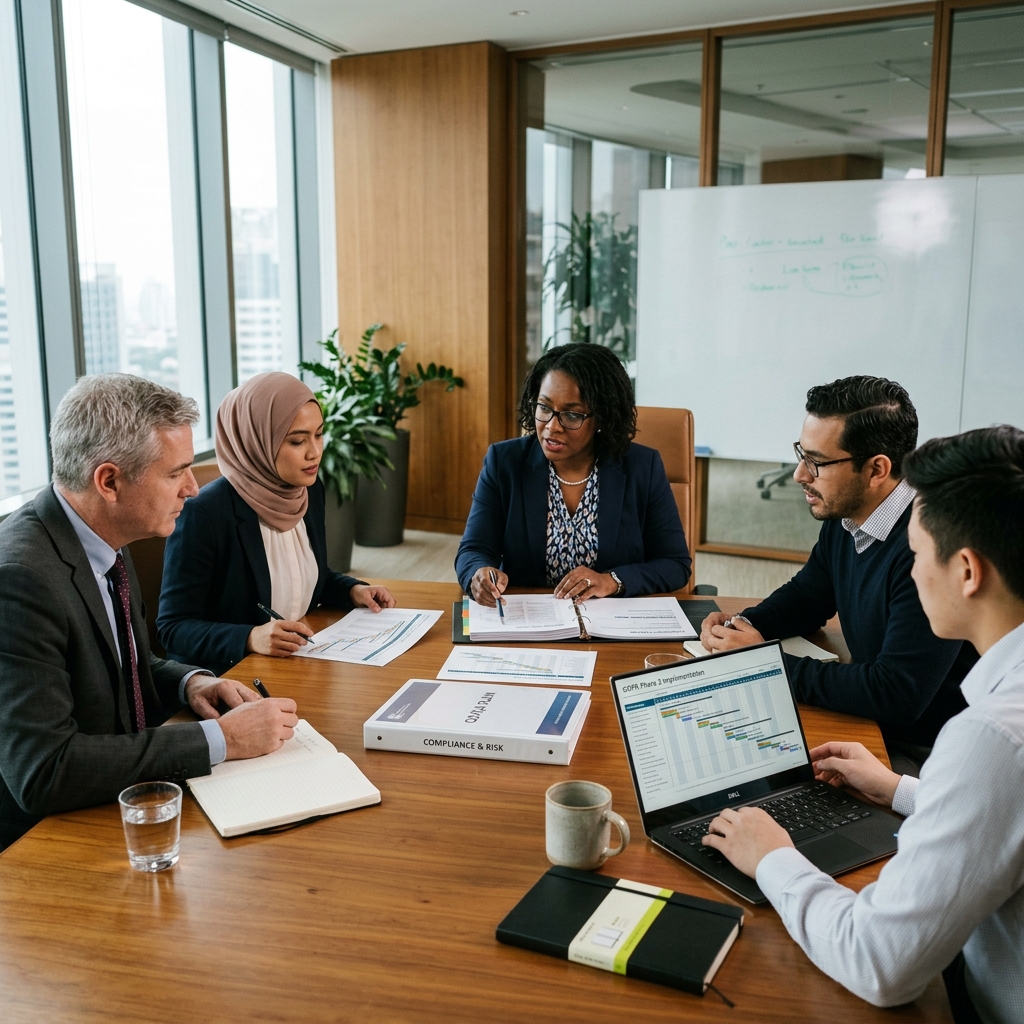 A diverse legal and compliance project team reviewing timelines and project documents around a conference table.