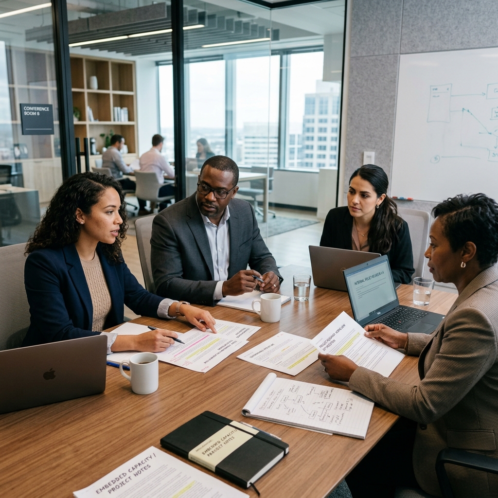 An embedded seconded consultant collaborating with internal team members on project notes and documents.